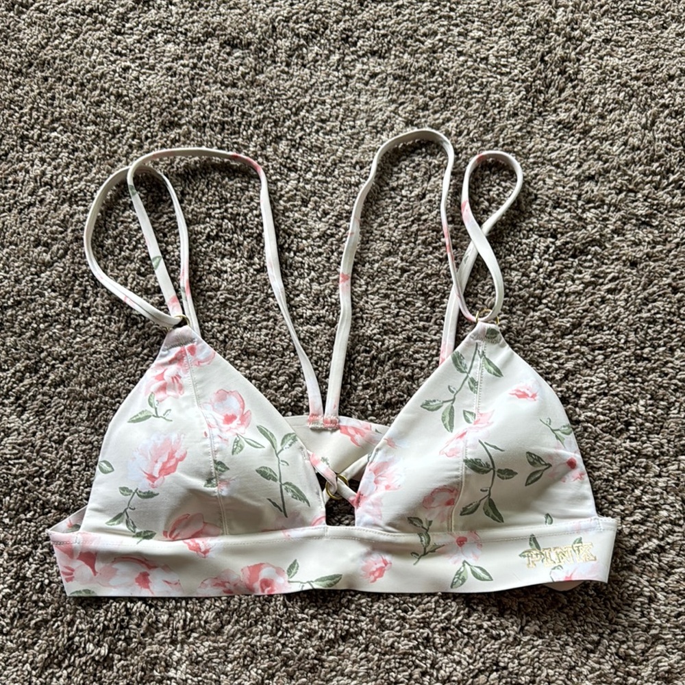 PINK Victoria's Secret White and Pink Floral Triangle Bra